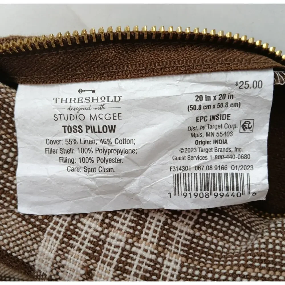 Threshold Studio McGee Linen Blend Toss Pillow Cover Brown Check Plaid 20